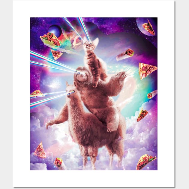 Laser Eyes Space Cat Riding Sloth, Llama - Rainbow Wall Art by Random Galaxy